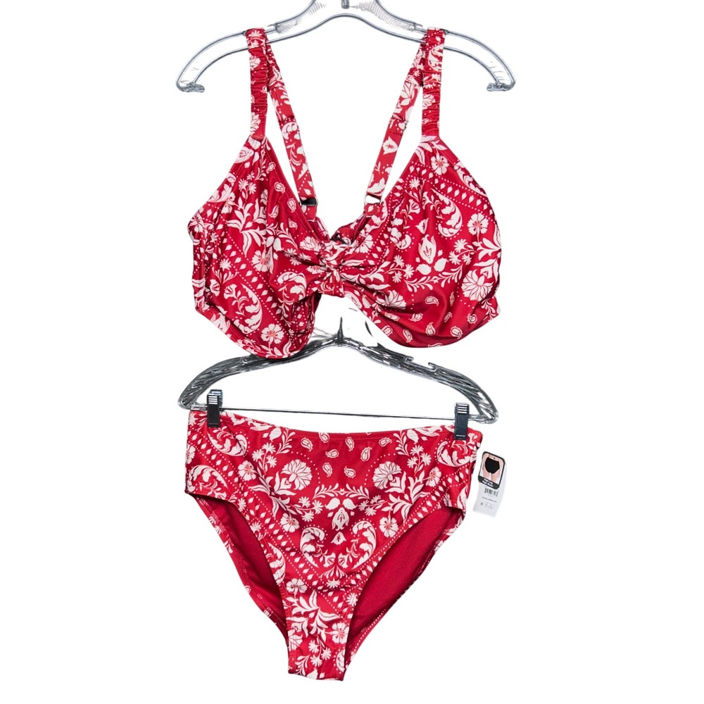 Time and Tru Bikini 2 pc Set Women 3X/L Red White Floral Paisley NWT High Waist